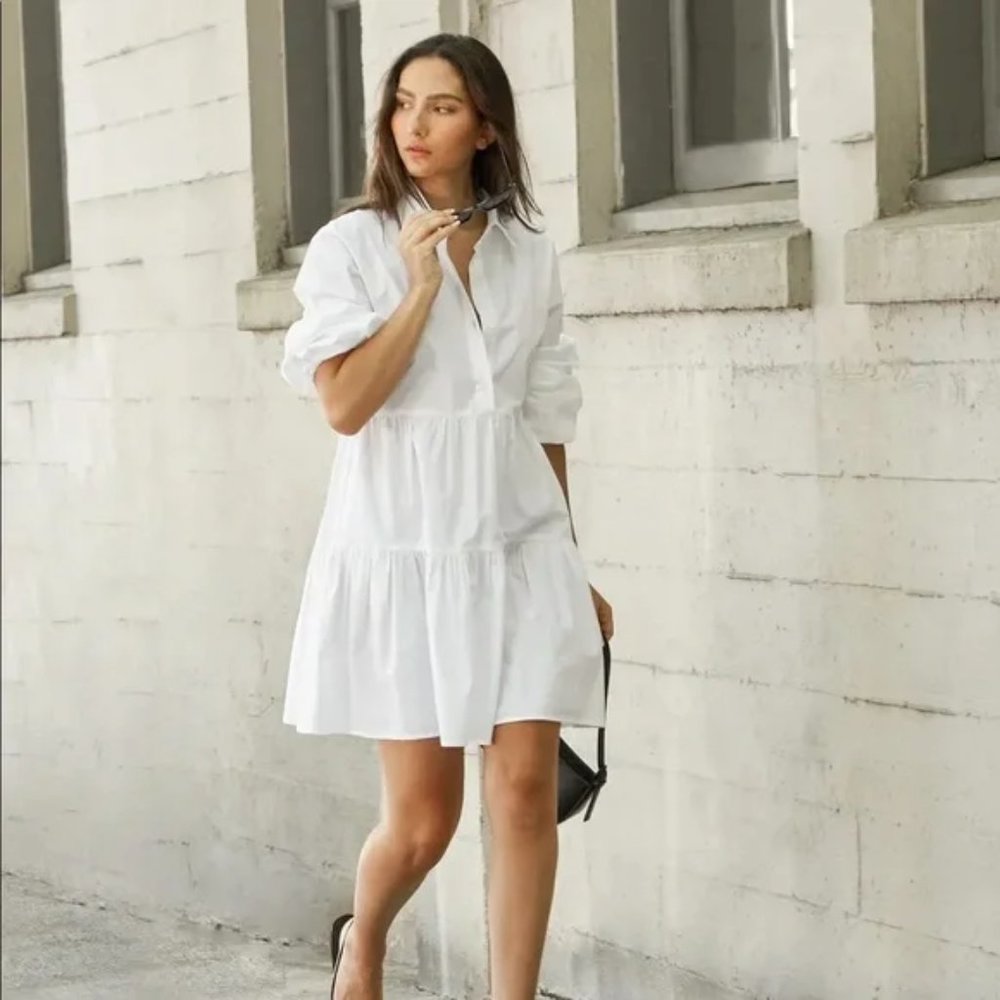 OAK + FORT COLLARED BUTTON FRONT TIERED DRESS